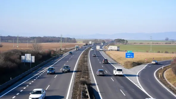 Czech D8 motorway traffic near Roudnice nad Labem exit 29, cars and trucks on both carriageways across open farmland toward distant hills